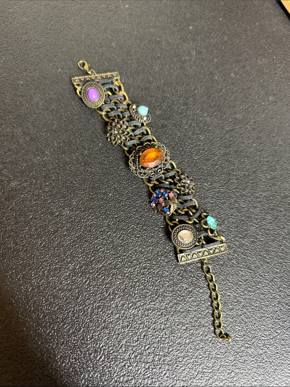 Antique Gold Tone Boho Unique Multicolor Stone Chain Bracelet - Women Jewelry